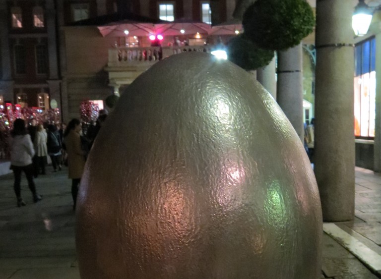 The 213 Big Egg Hunt sculpture on display at night