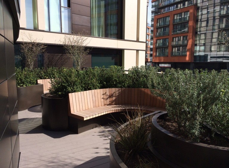 Curved seating and planting at Merchants Square