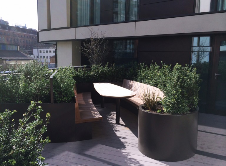 Bench seating area at Merchants Square with bushes and modern planters