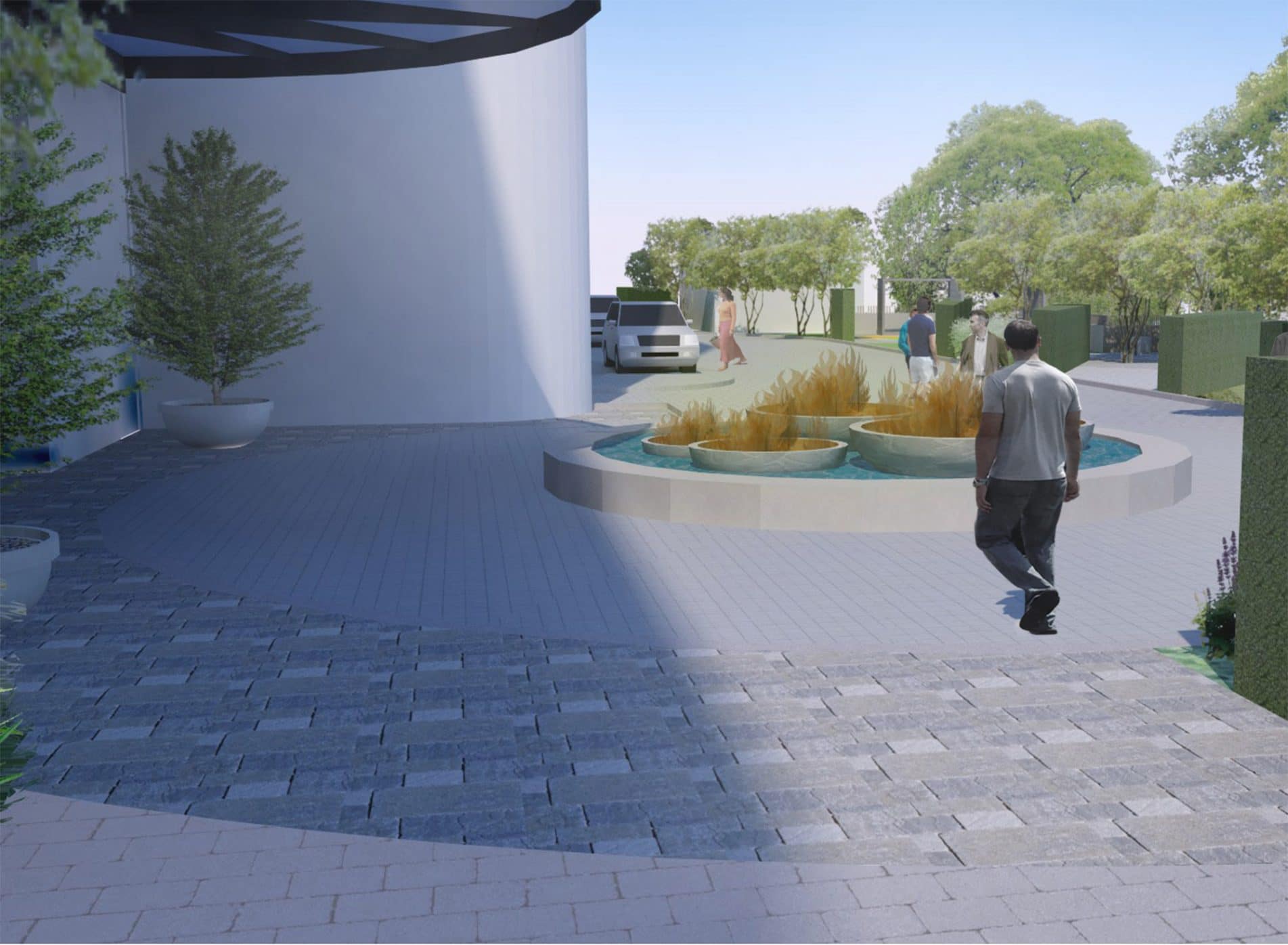 CGI image of the water feature in the communal gardens at Lights Yekaterinburg