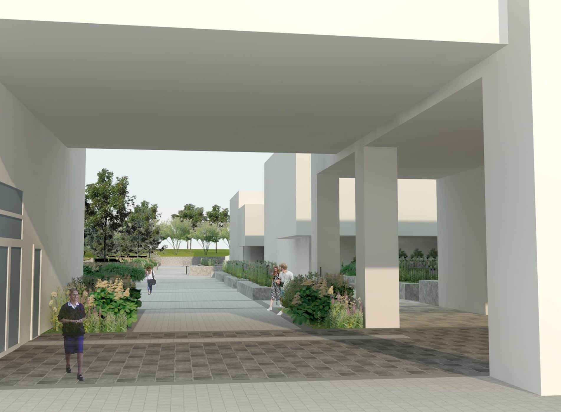 CGI view of a pathway through the university building with planted beds on either side