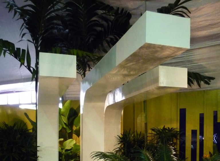The pergola made from plywood made to resemble polished concrete