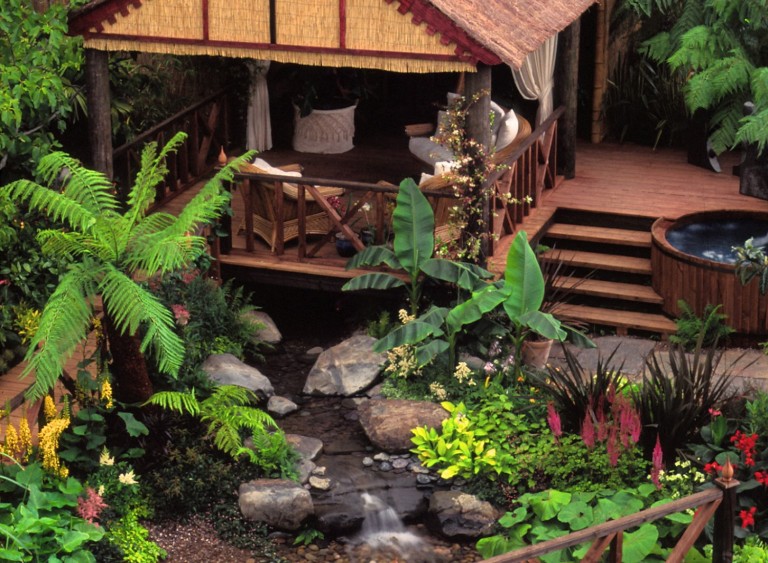 Looking down to the water feature under the Stilt House at RHS Hampton Court Flower Show 1998