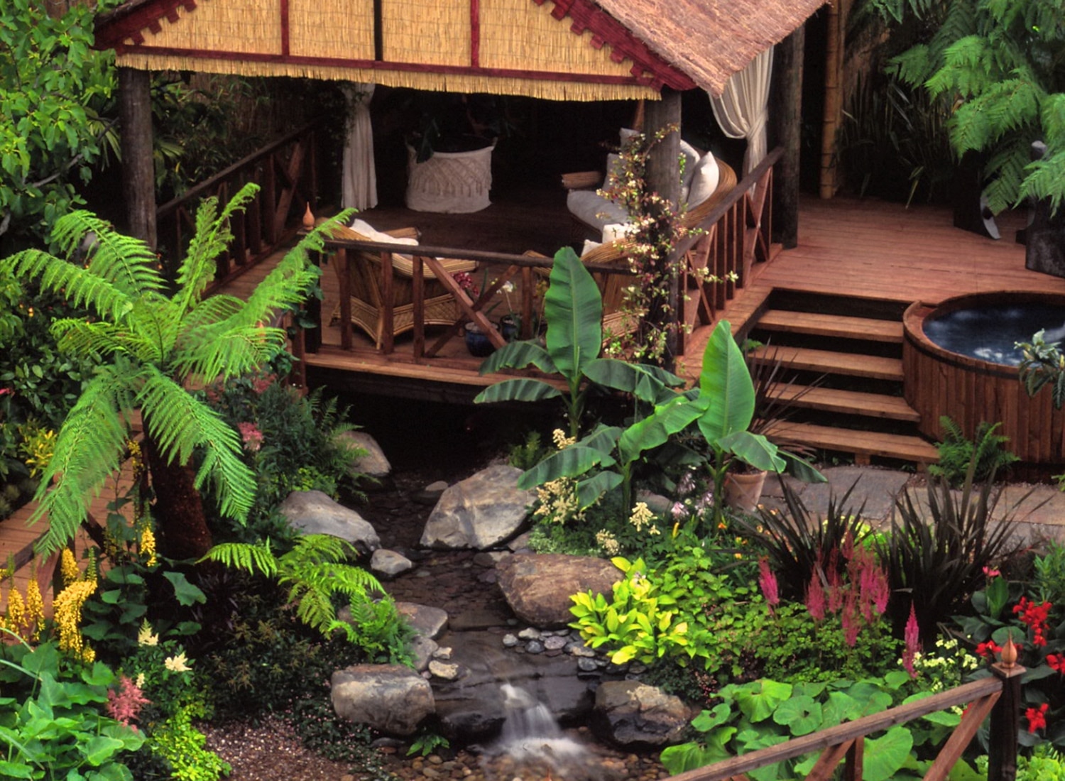 Looking down to the water feature under the Stilt House at RHS Hampton Court Flower Show 1998