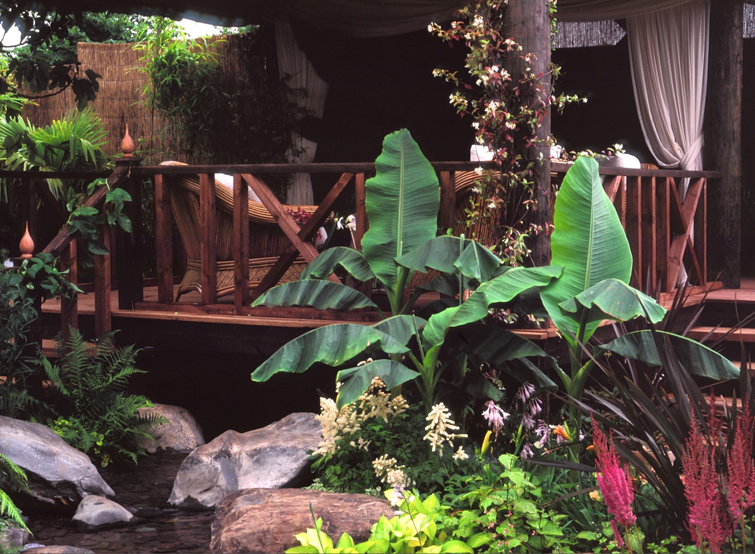 Beautiful tropical planting outside the Stilt House in the garden at RHS Hampton Court Flower Show 1998