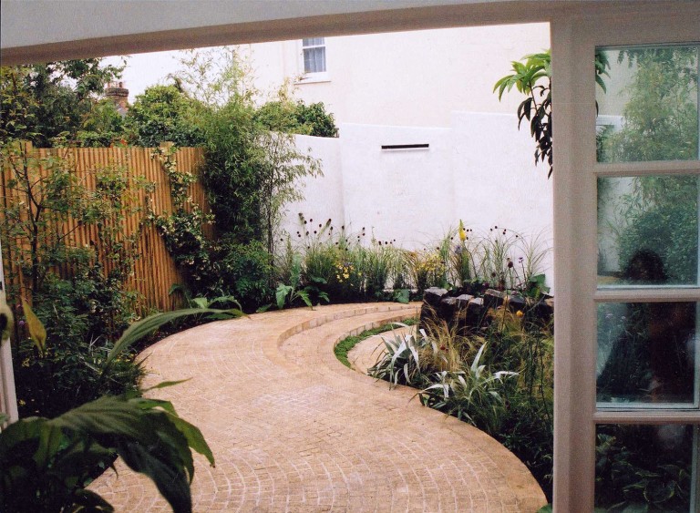 Looking down the curved pathway from the house