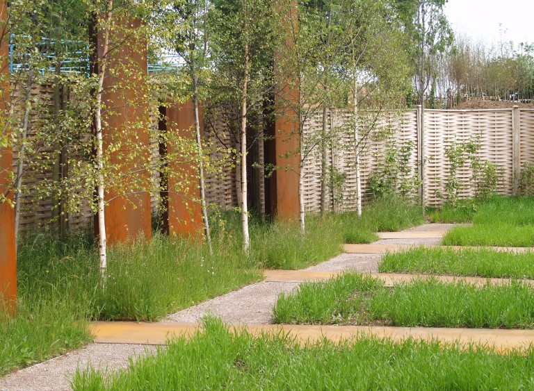 View across the 'Urban Greening' garden planted with fields of wheat