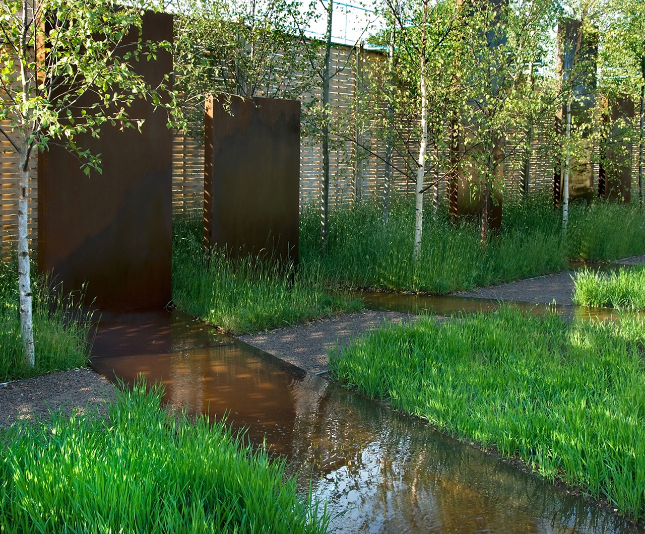 'Urban Greening' Future Gardens 2009 - monoliths in front of a field of wheat