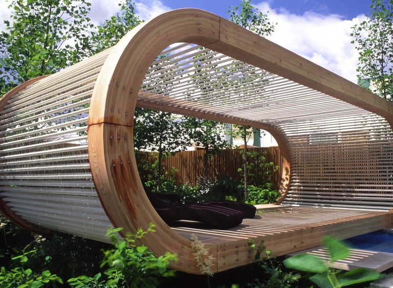 Pavilion with sunloungers and water feature - RHS Chelsea Flower Show 2006