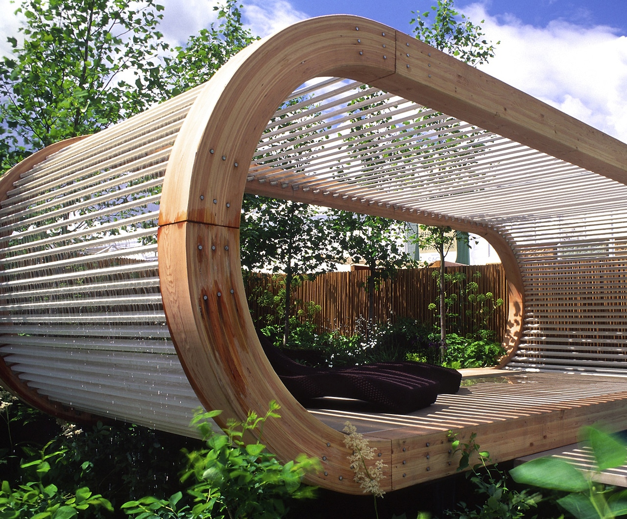 RHS Chelsea 2006 - View of modern sculptural Pavilion with sunbeds