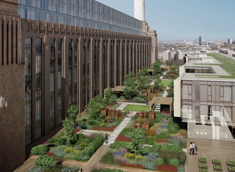 CGI view along the length of the Battersea Power Station garden