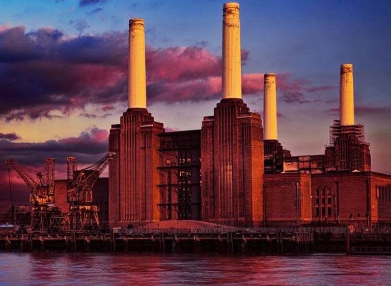 View of Battersea Power Station at sunset