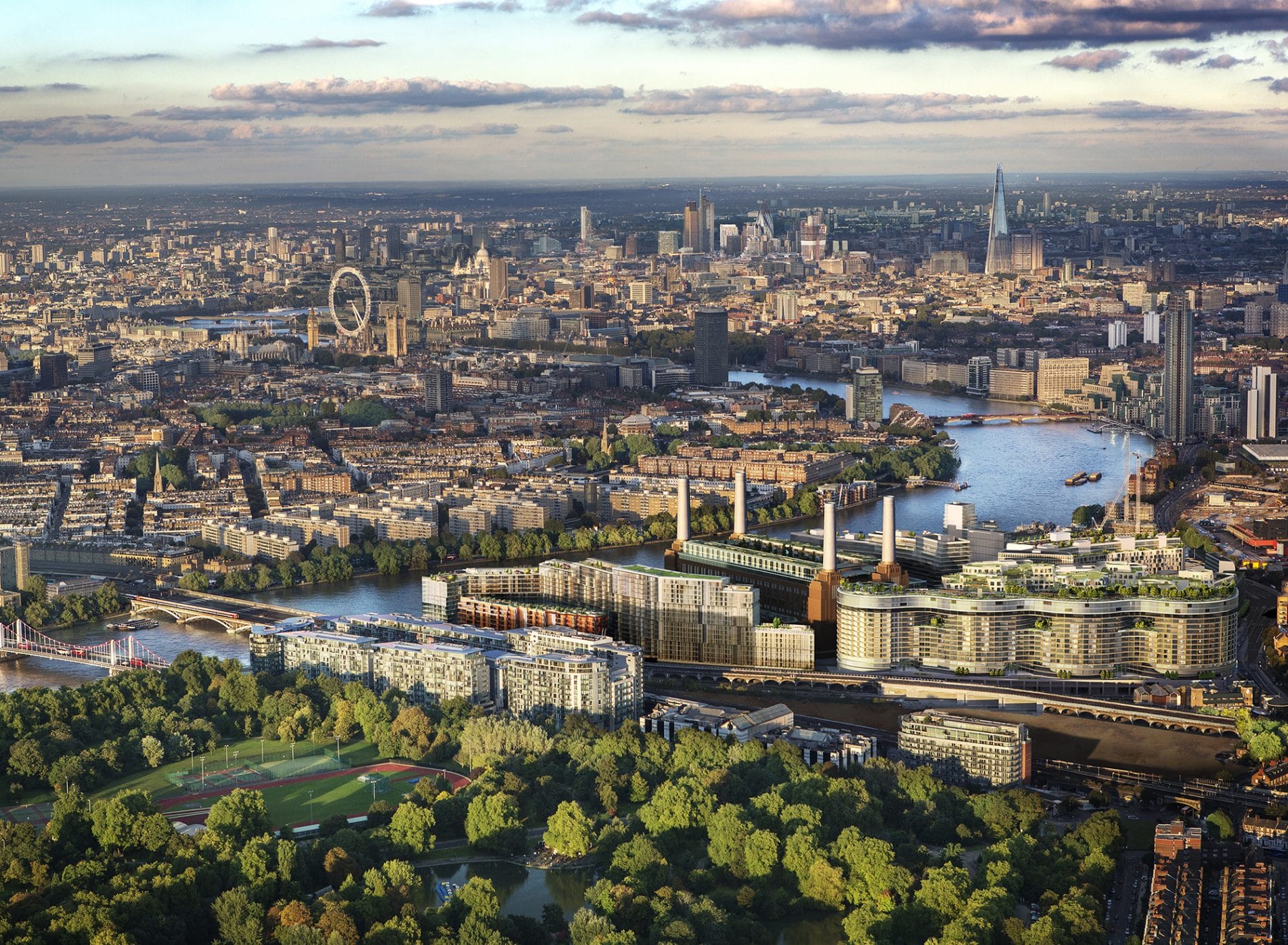 Aerial view of London over Battersea including planned gardens