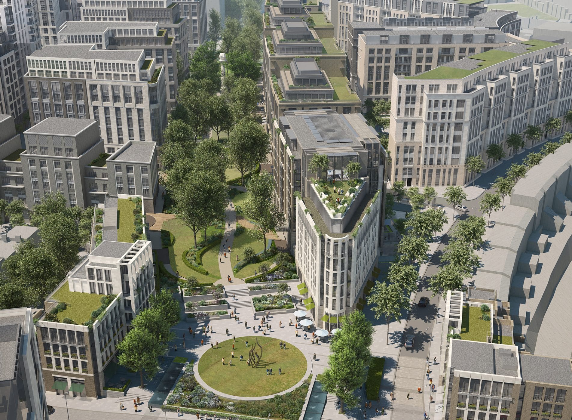 Aerial CGI looking down the planned gardens between buildings