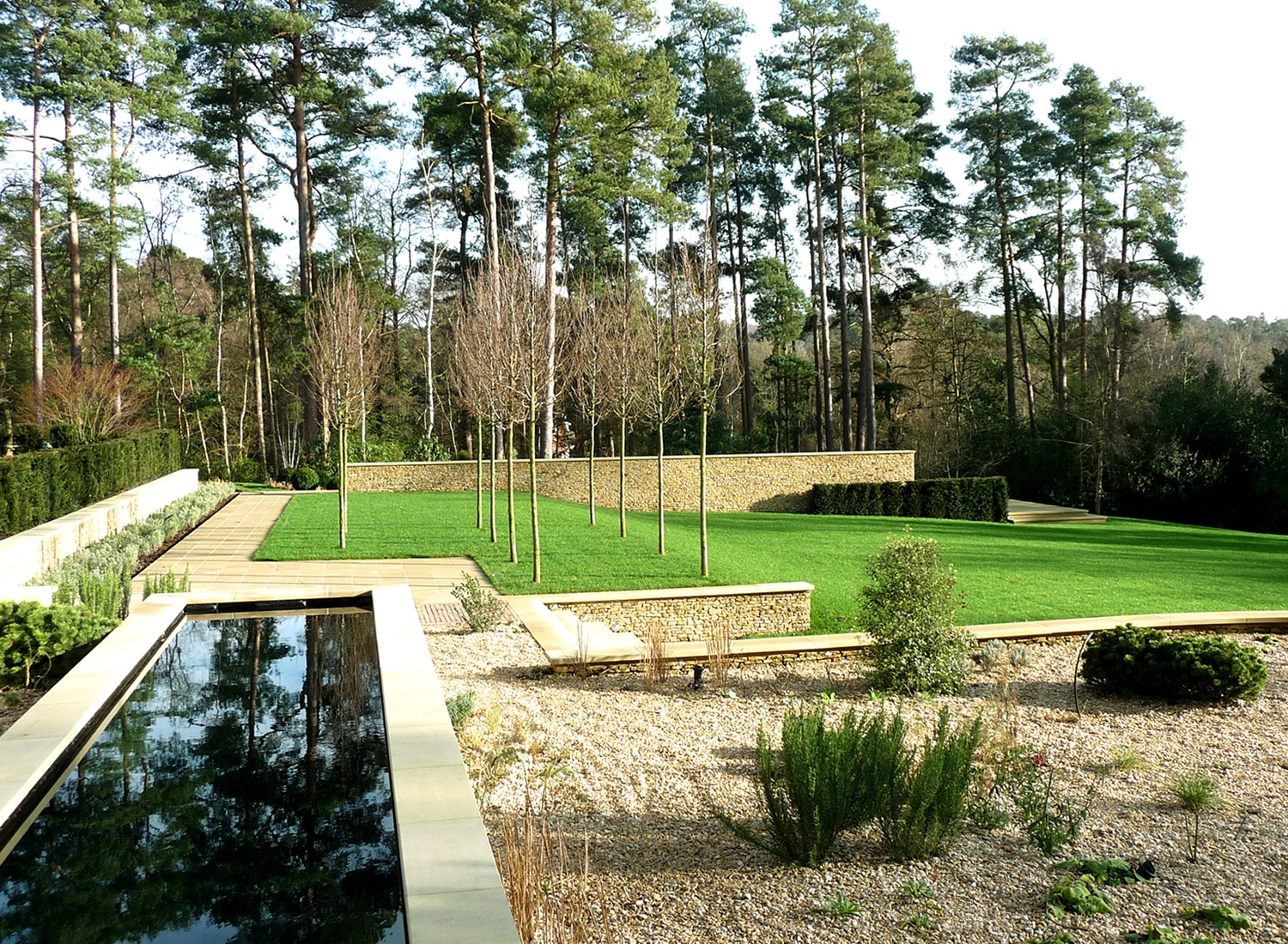 Looking over the water feature to the lawn