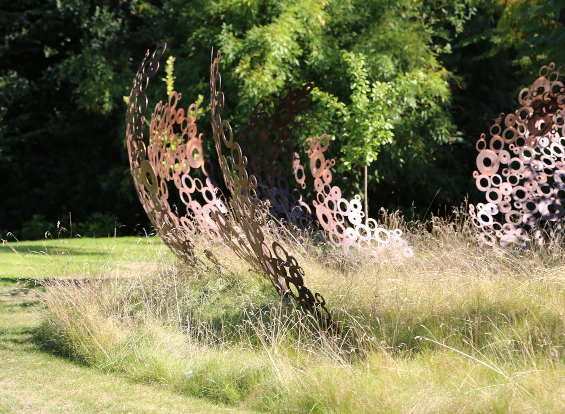 Sculpture of metal circles surrounded by long grass