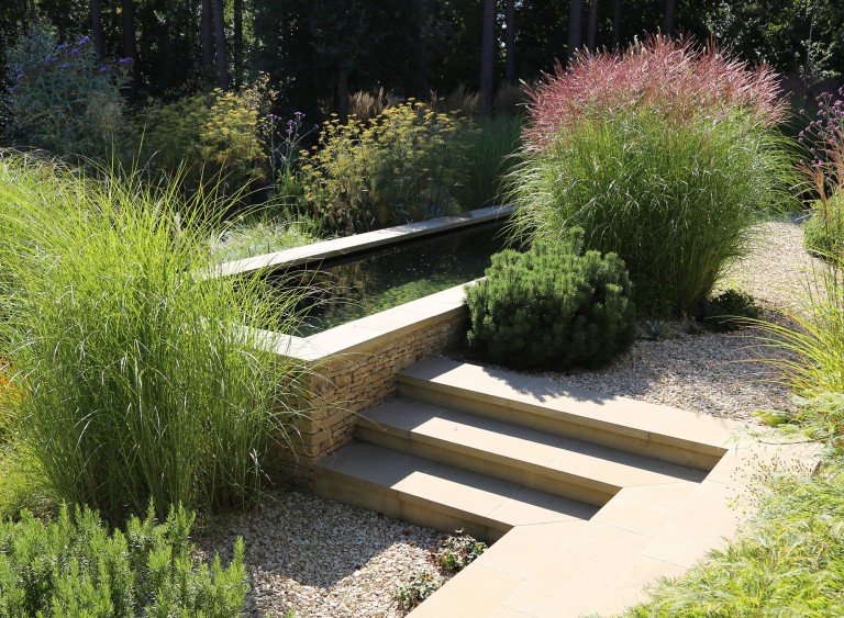 Steps by a water feature raised pond surrounded by greenery