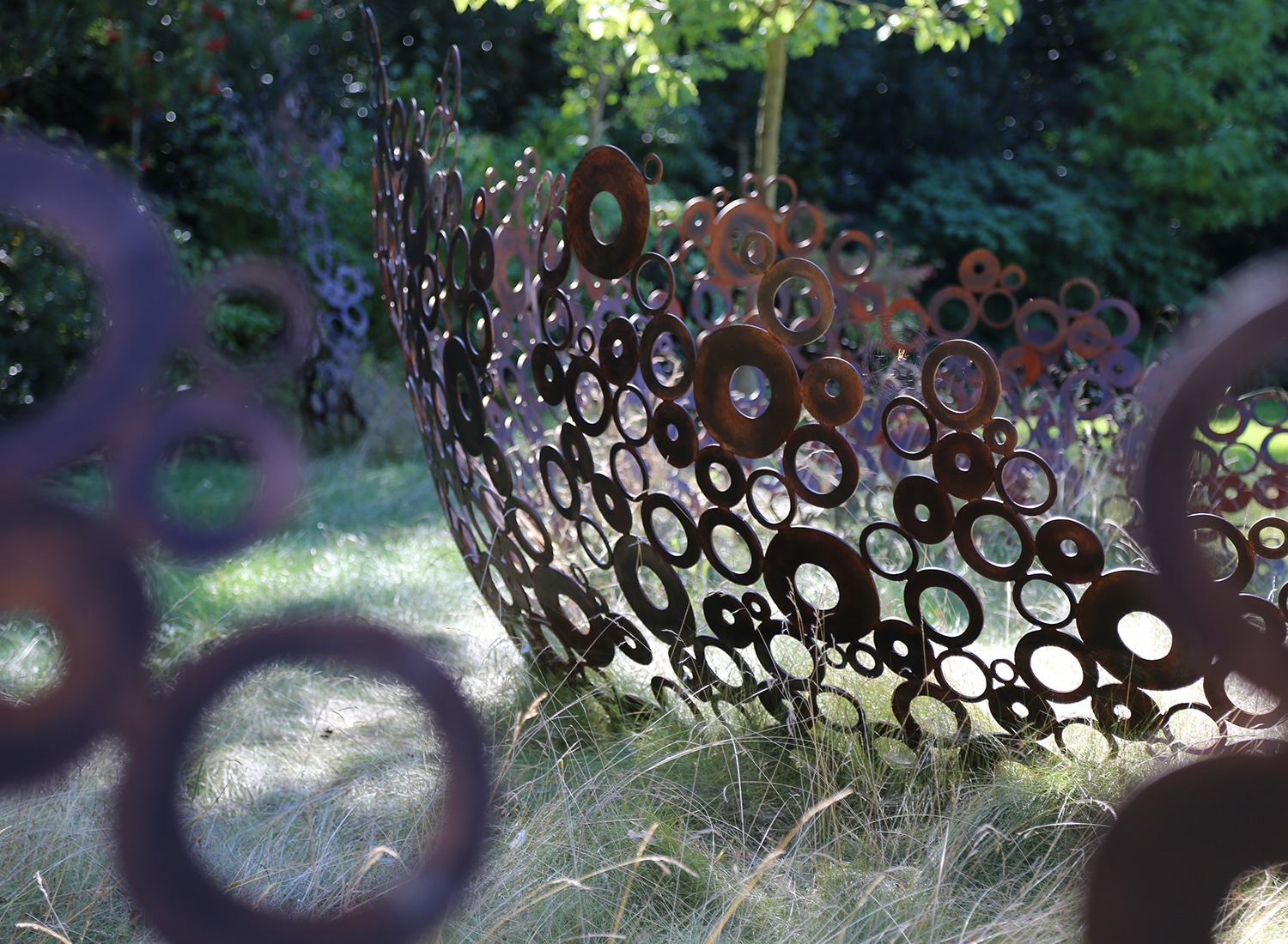 Close up of the sculpture made from metal circles