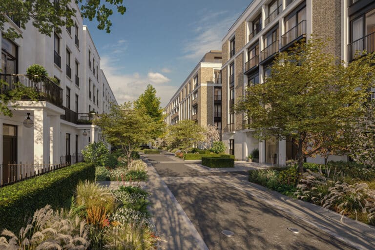 A visualisation of luxury contemporary gardens at a new residential development in St Johns Wood. Gardens designed by Andy Sturgeon Design