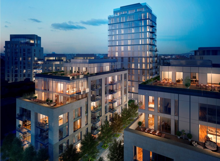 View to apartment buildings and down to a tree lined path