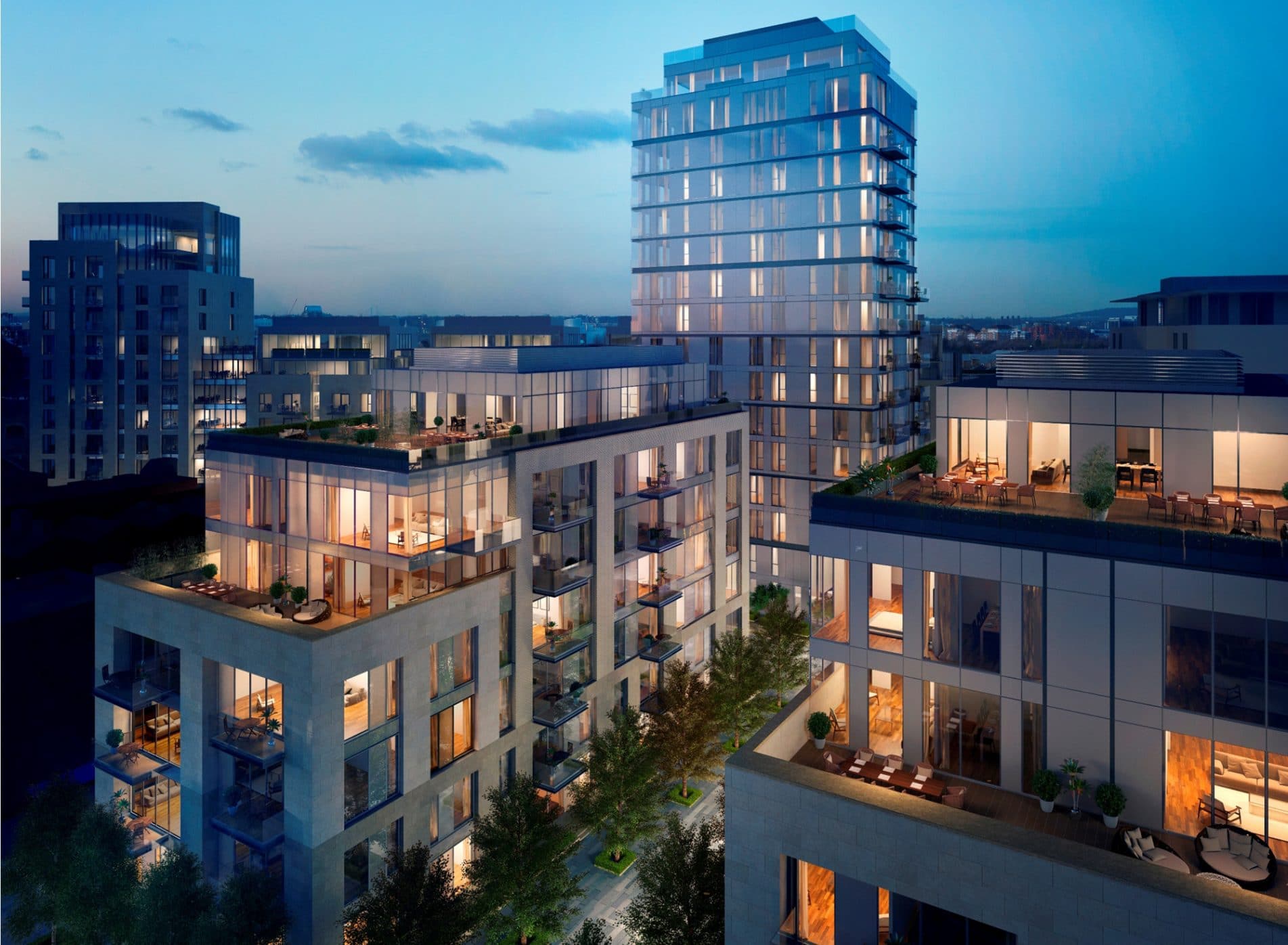 View to apartment buildings and down to a tree lined path