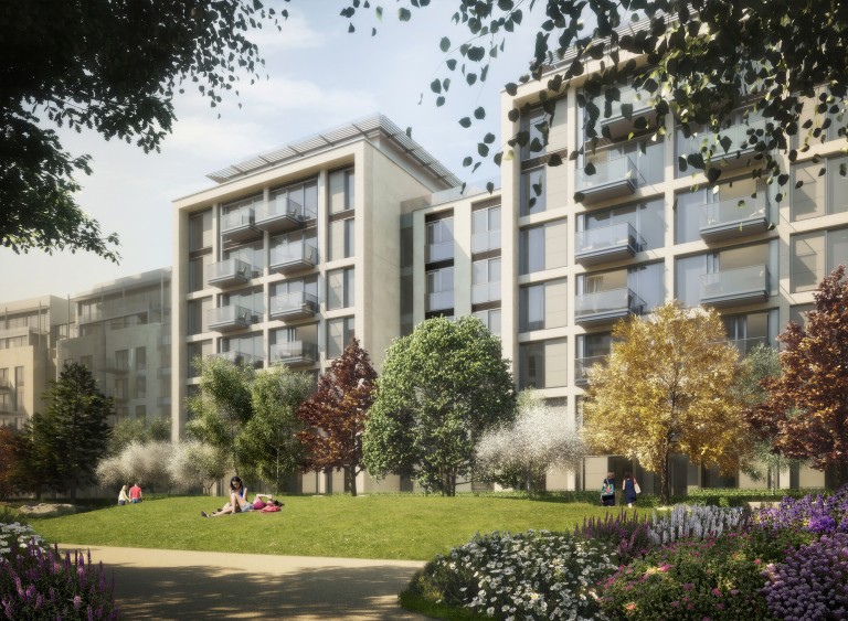 Residents relaxing on the grass at Lillie Square