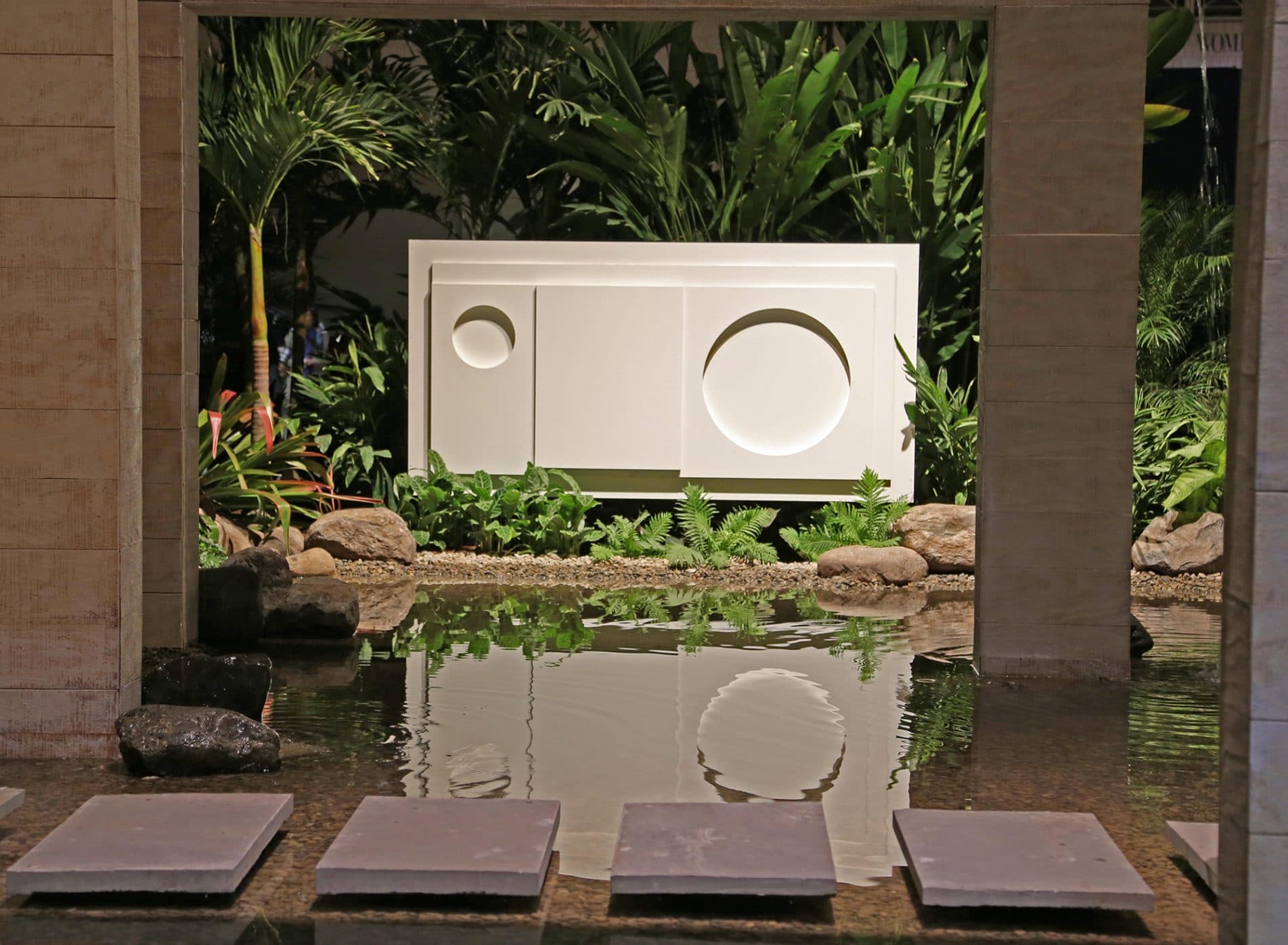 Sculpture viewed across the water feature - Philadelphia Flower Show 2014