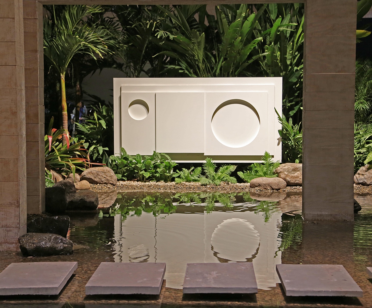 Philadelphia Flower Show 2014 sculpture reflected in the water