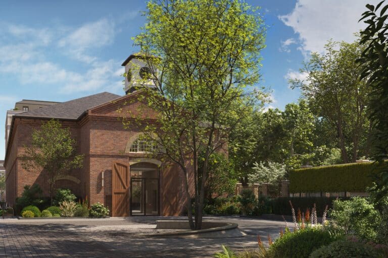 A visualisation of luxury contemporary gardens at a new residential development in St Johns Wood on the site of the King's Troop Stables. Gardens designed by Andy Sturgeon Design