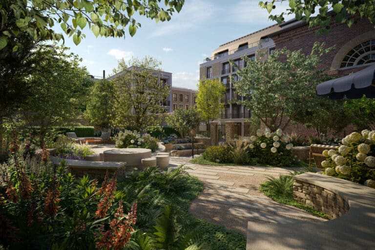 A visualisation of luxury contemporary gardens at a new residential development in St Johns Wood. Gardens designed by Andy Sturgeon Design