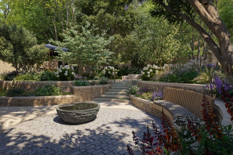 A visualisation of luxury contemporary gardens at a new residential development in St Johns Wood. Gardens designed by Andy Sturgeon Design