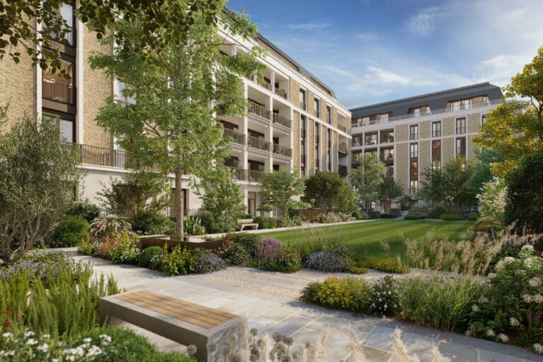 A visualisation of luxury contemporary gardens at a new residential development in St Johns Wood. Gardens designed by Andy Sturgeon Design