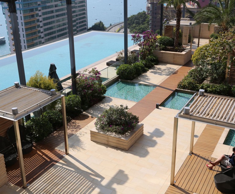 2014 Society of Garden Designers Hardscape award winning garden - pool deck at Westminster Terrace Hong Kong