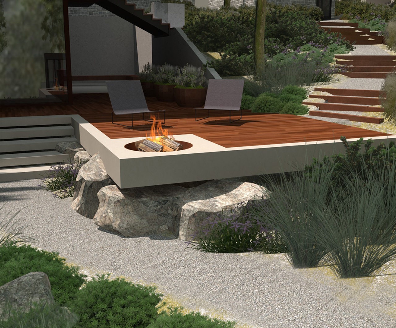 Modern decking with a firepit at a house in Yalta