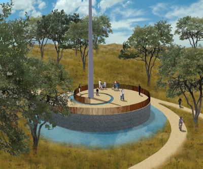 Artists impression of the Genocide Memorial Garden in Kigali with intertwining walls and a central memorial monolith