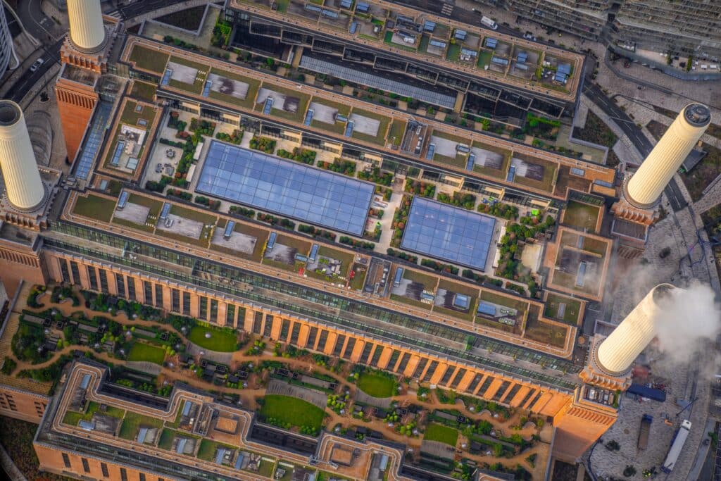 an aerial view of gardens at Battersea Power Station designed by Andy Sturgeon