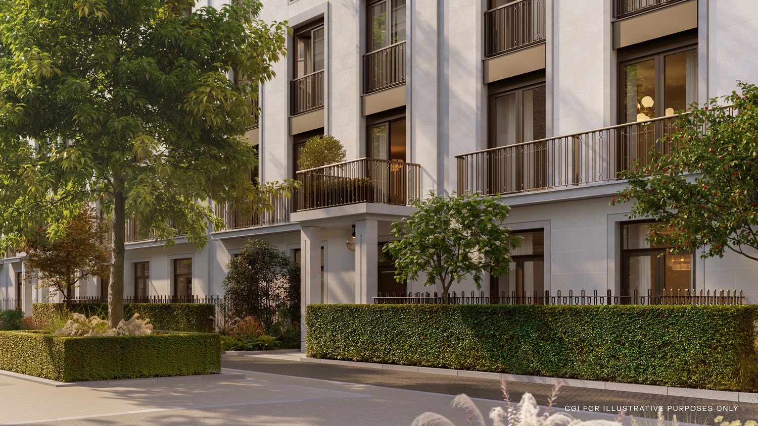 landscape gardens at a new luxury development in St Johns Wood London on the site of the Kings Troop Barracks