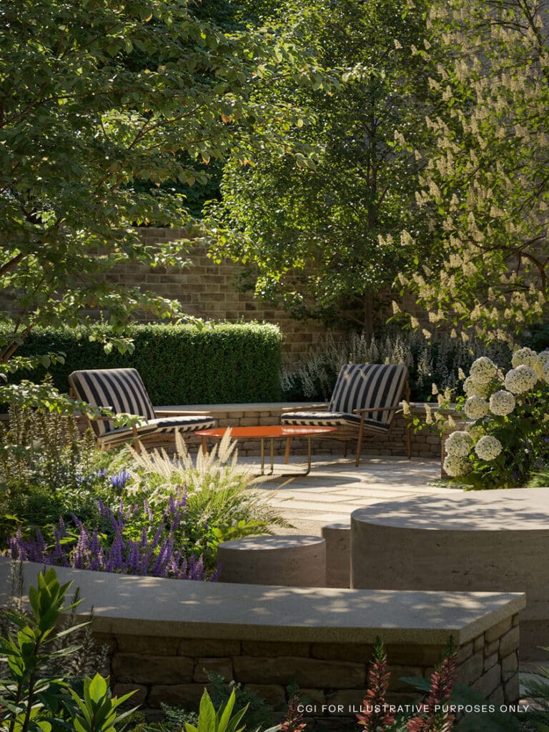 landscape gardens at a new luxury development in St Johns Wood London on the site of the Kings Troop Barracks