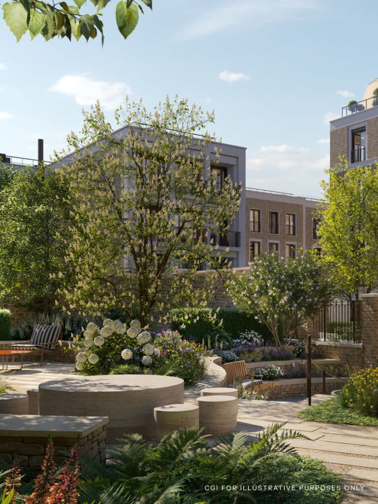 landscape gardens at a new luxury development in St Johns Wood London on the site of the Kings Troop Barracks