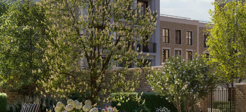 landscape gardens at a new luxury development in St Johns Wood London on the site of the Kings Troop Barracks