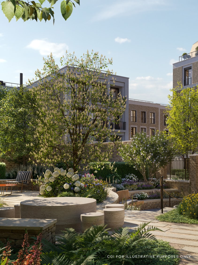 landscape gardens at a new luxury development in St Johns Wood London on the site of the Kings Troop Barracks