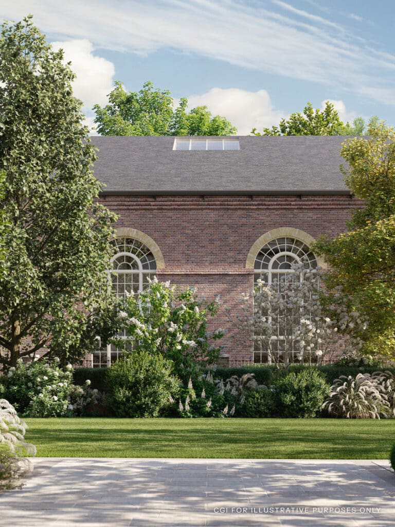 landscape gardens at a new luxury development in St Johns Wood London on the site of the Kings Troop Barracks