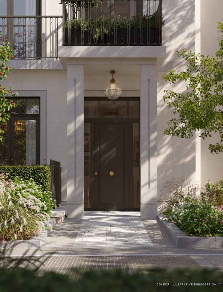 landscape gardens at a new luxury development in St Johns Wood London on the site of the Kings Troop Barracks
