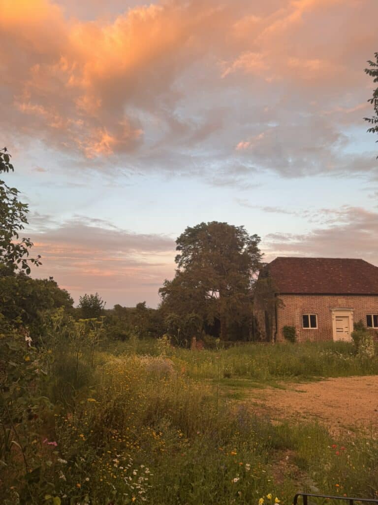farmhouse with naturalistic garden and meadows at sunset