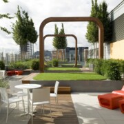 View from a seating area down the wooden arches